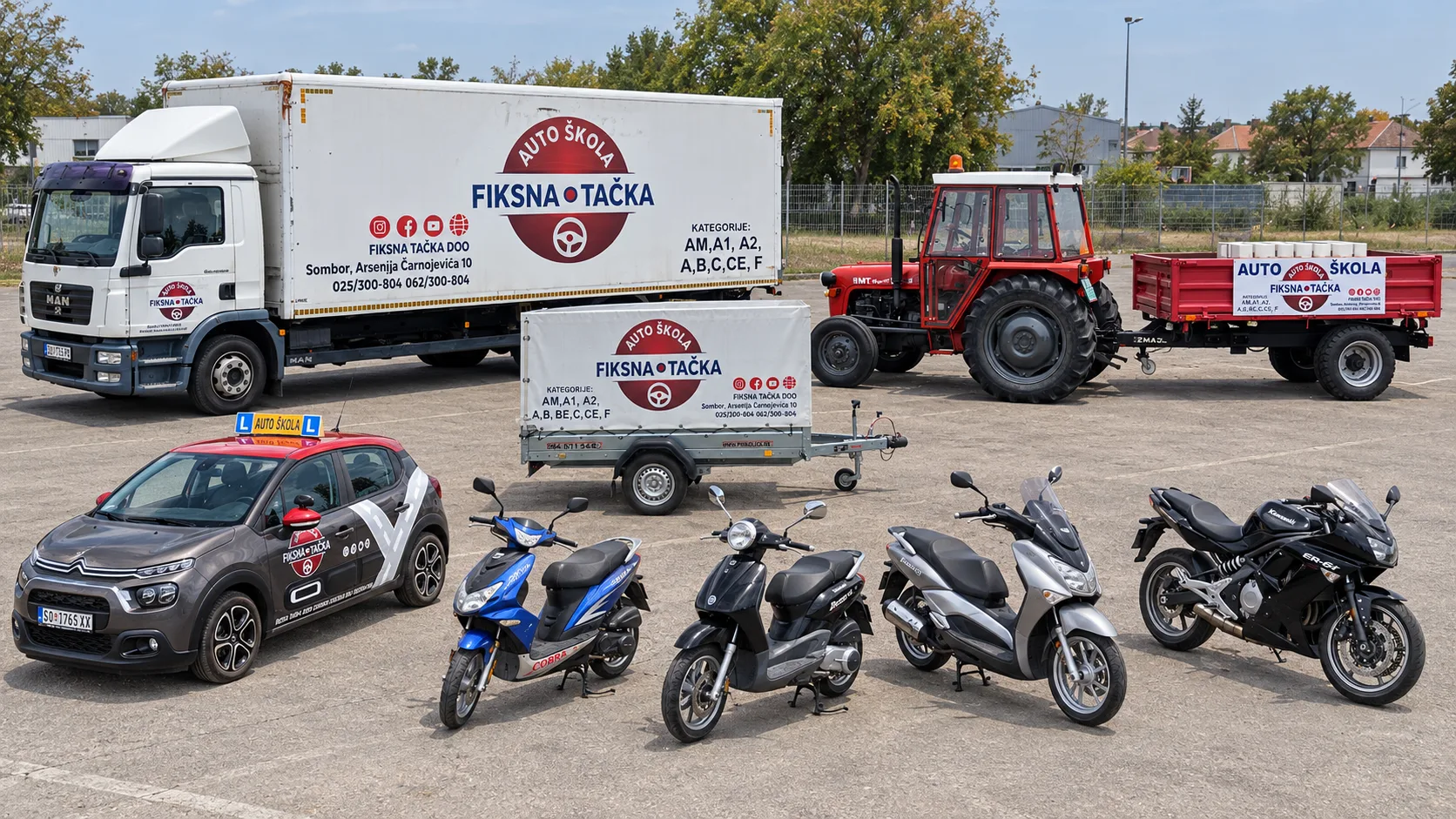 Vozni park škole: automobil, motocikli, prikolica, kamion i traktor